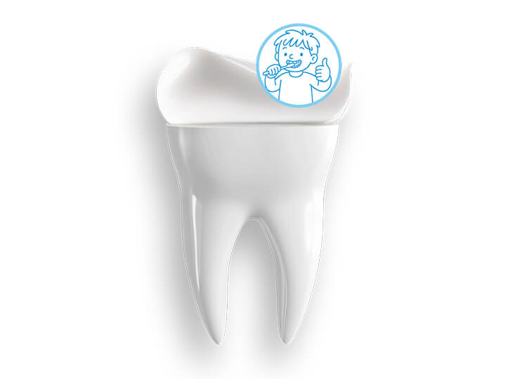 Illustration of a stylized tooth with toothpaste on top. A blue circle features a cartoon child brushing their teeth and giving a thumbs up.